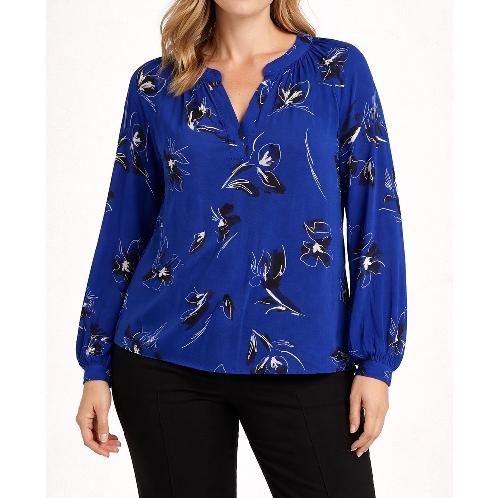 Nine West Womens XXL Royal Blue Floral Split V-Neck Long Sleeve Blouse Tunic